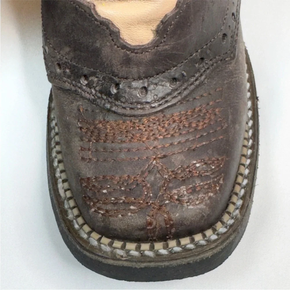 Kids White Diamonds Boots Square Toe Zipper Brown Beige Embroidered